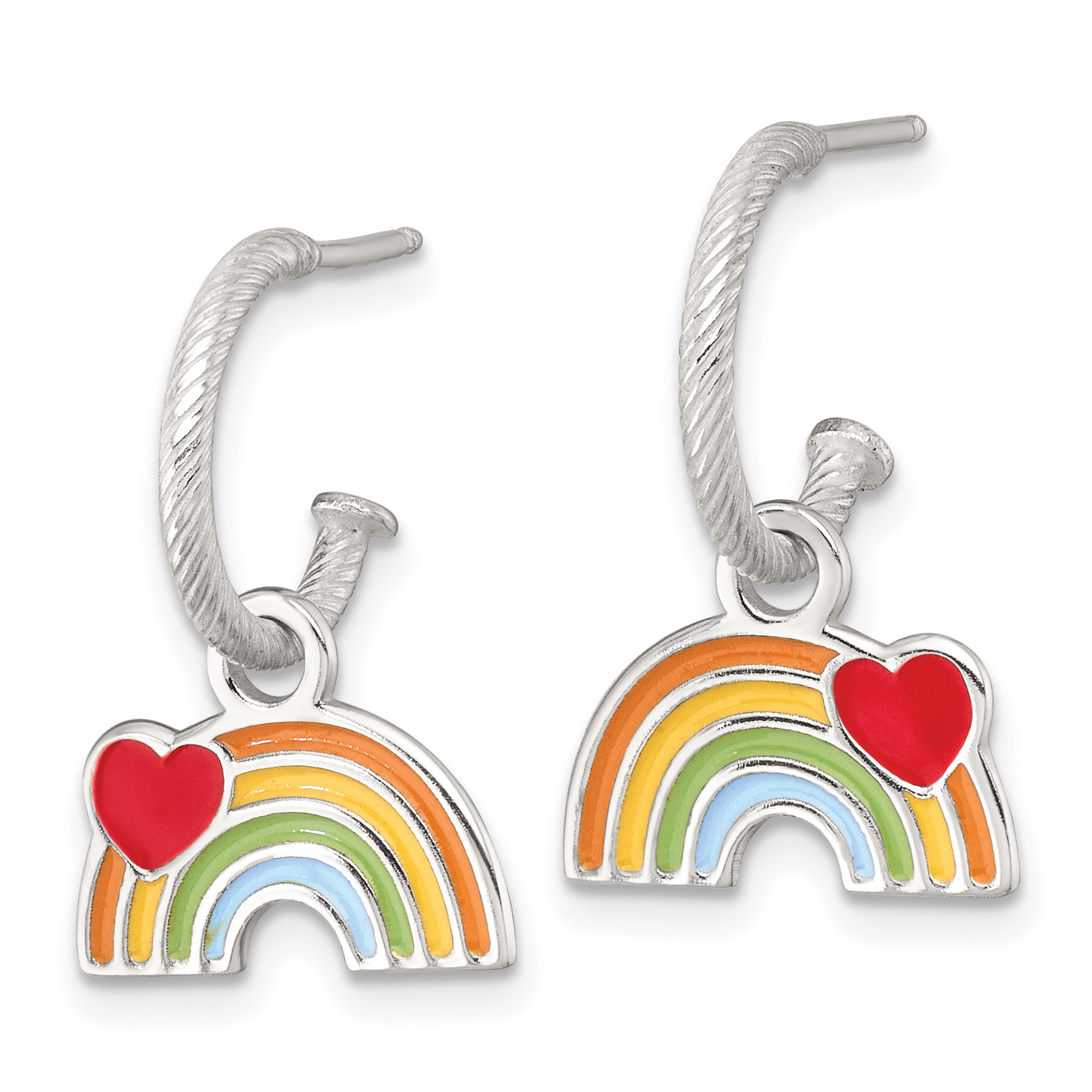 Sterling Silver Polished Grooved Enameled Heart on Rainbow Dangle Childrens C-Hoop Post Earrings Secondary image