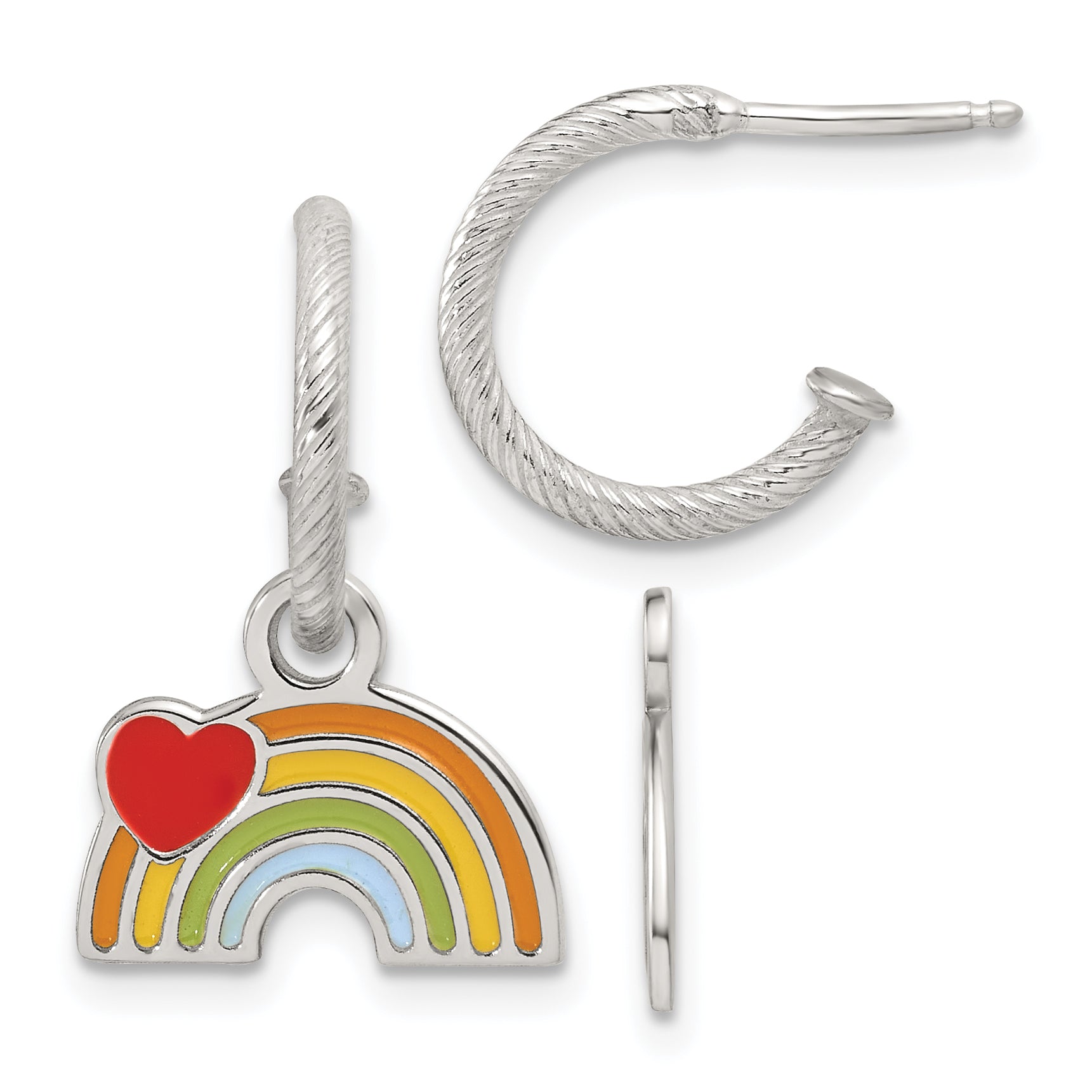Sterling Silver Polished Grooved Enameled Heart on Rainbow Dangle Childrens C-Hoop Post Earrings Main image