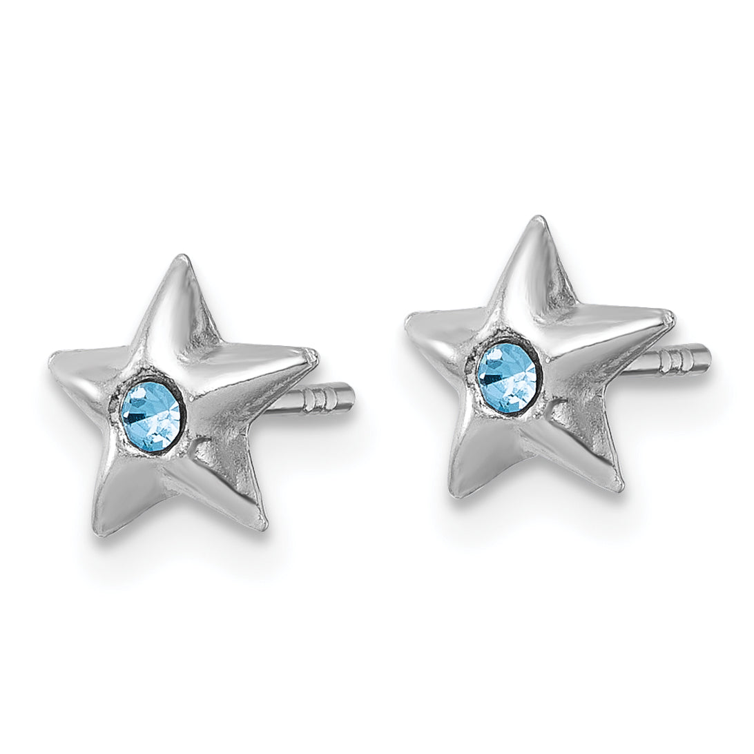 Sterling Silver Madi K Rhodium-plated Polished Blue Crystal Center Star Childrens Post Earrings Secondary image