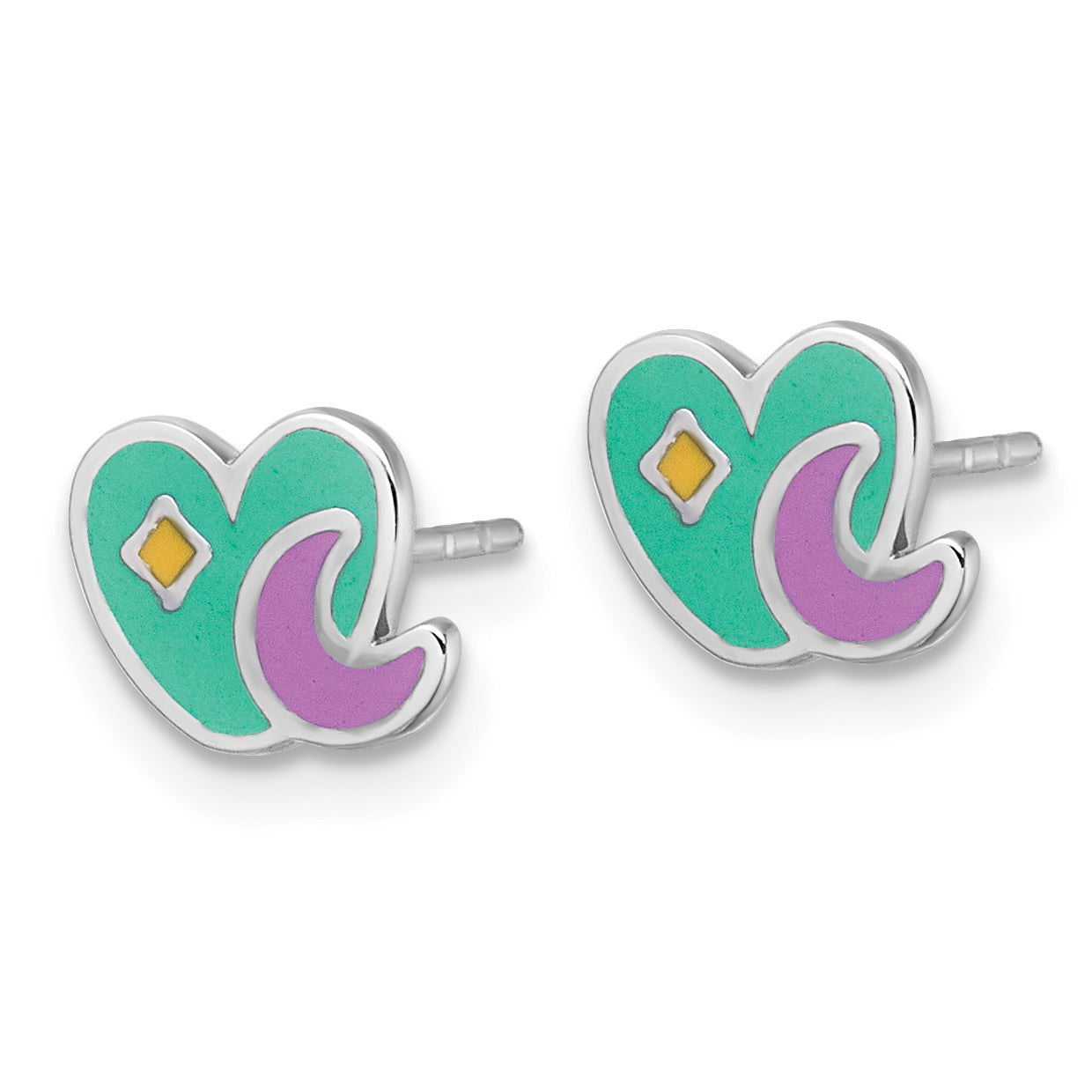 Sterling Silver Rhodium-plated Polished Green/Pink/Yellow Enamel Heart And Moon Childrens Post Earrings Secondary image