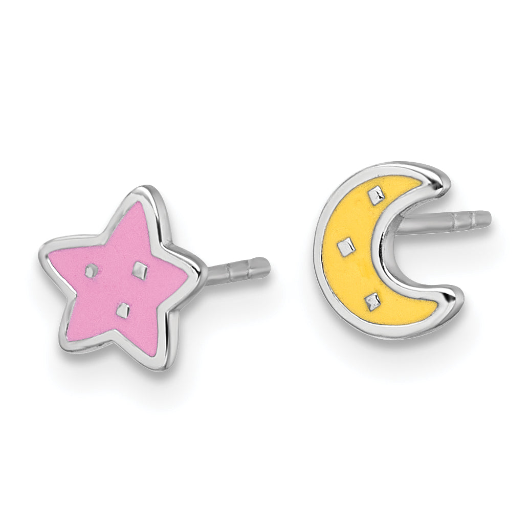 Sterling Silver Rhodium-plated Polished Pink and Yellow Enamel Moon and Star Mismatched Childrens Post Earrings Secondary image