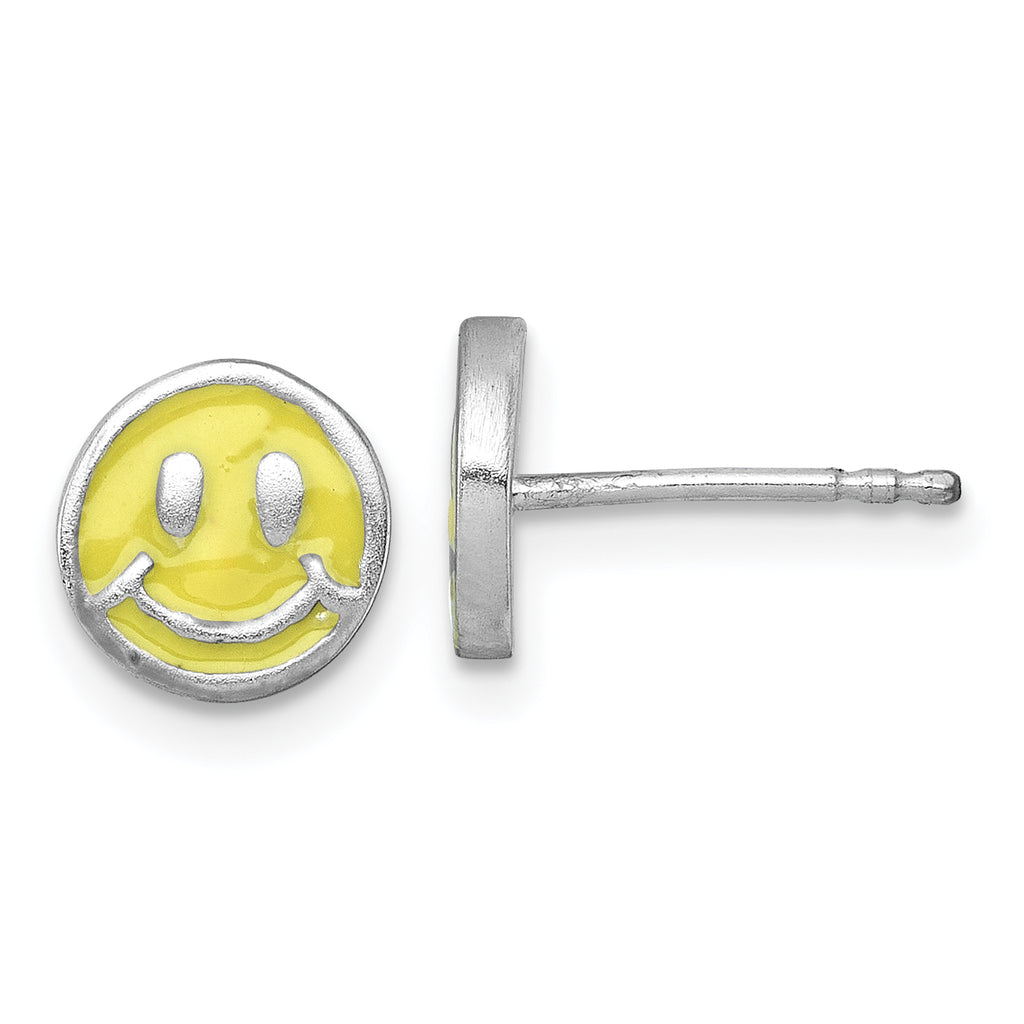 Sterling Silver Madi K Rhodium-plated Enameled Yellow Smiley Face Childrens Post Earrings