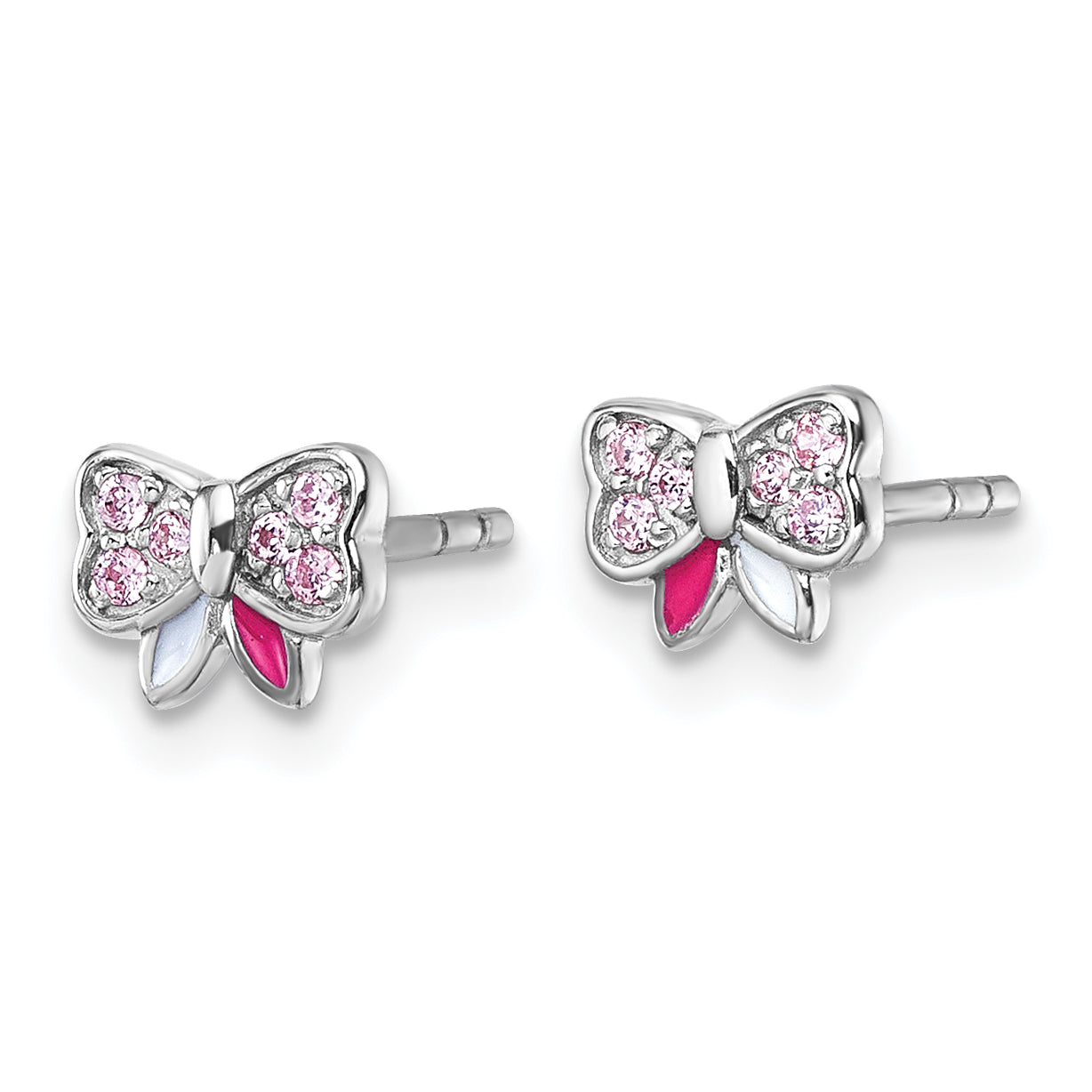 Sterling Silver Rhodium-plated Children's Pink CZ with Pink and White Enamel Bow Post Earrings