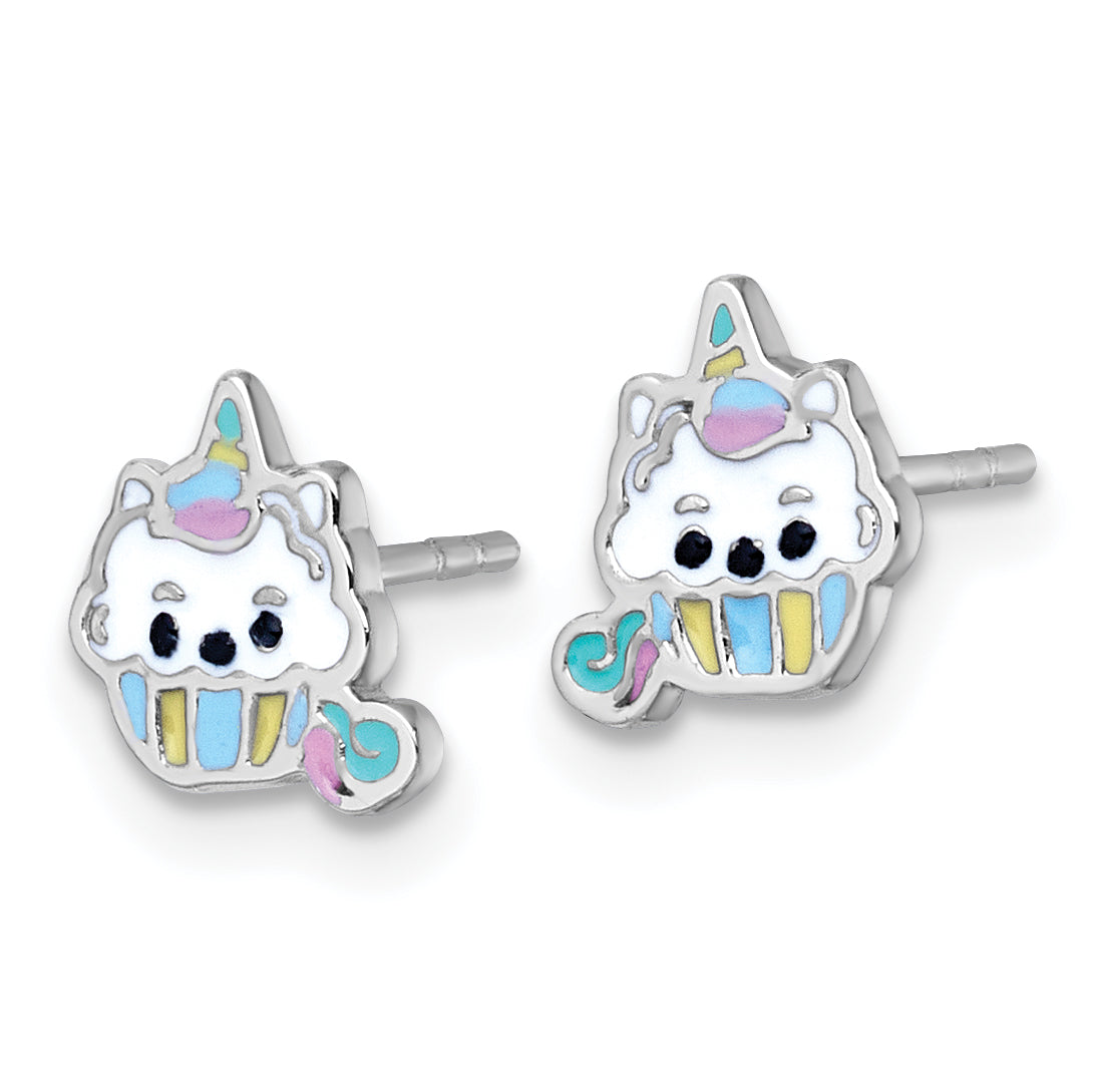 Sterling Silver Rhodium-plated Polished White and Rainbow Enamel Unicorn Cupcake Childrens Post Earrings Secondary image