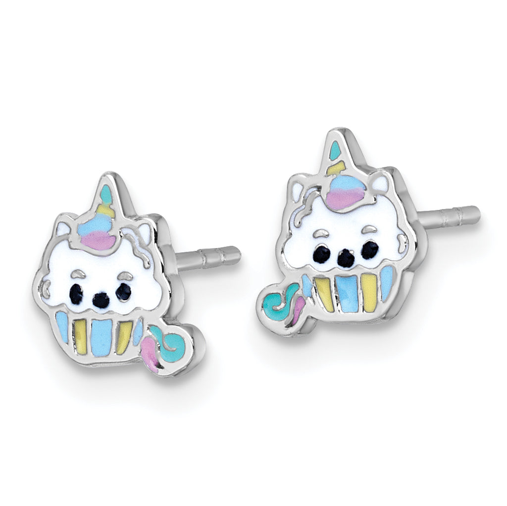 Sterling Silver Rhodium-plated Polished White and Rainbow Enamel Unicorn Cupcake Childrens Post Earrings
