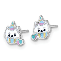 Sterling Silver Rhodium-plated Polished White and Rainbow Enamel Unicorn Cupcake Childrens Post Earrings