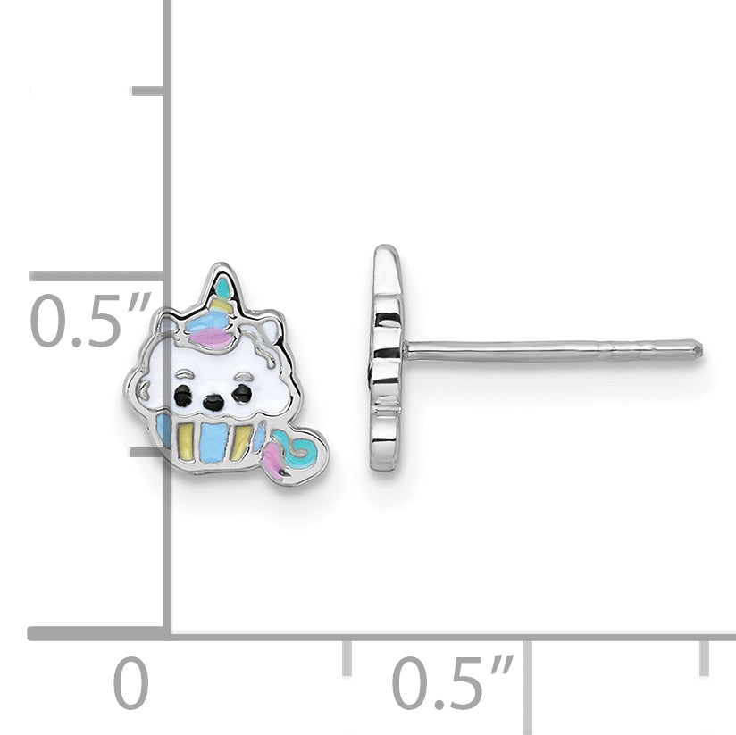 Sterling Silver Rhodium-plated Polished White and Rainbow Enamel Unicorn Cupcake Childrens Post Earrings