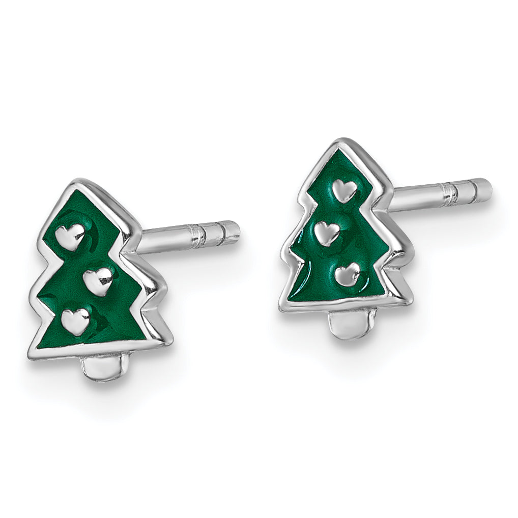 Sterling Silver Rhodium-plated Children's Green Enamel Christmas Tree with Hearts Post Earrings Secondary image