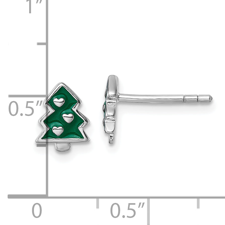 Sterling Silver Rhodium-plated Children's Green Enamel Christmas Tree with Hearts Post Earrings