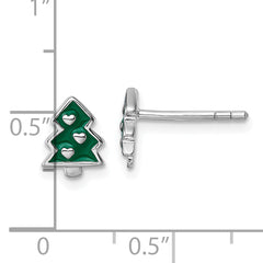 Sterling Silver Rhodium-plated Children's Green Enamel Christmas Tree with Hearts Post Earrings
