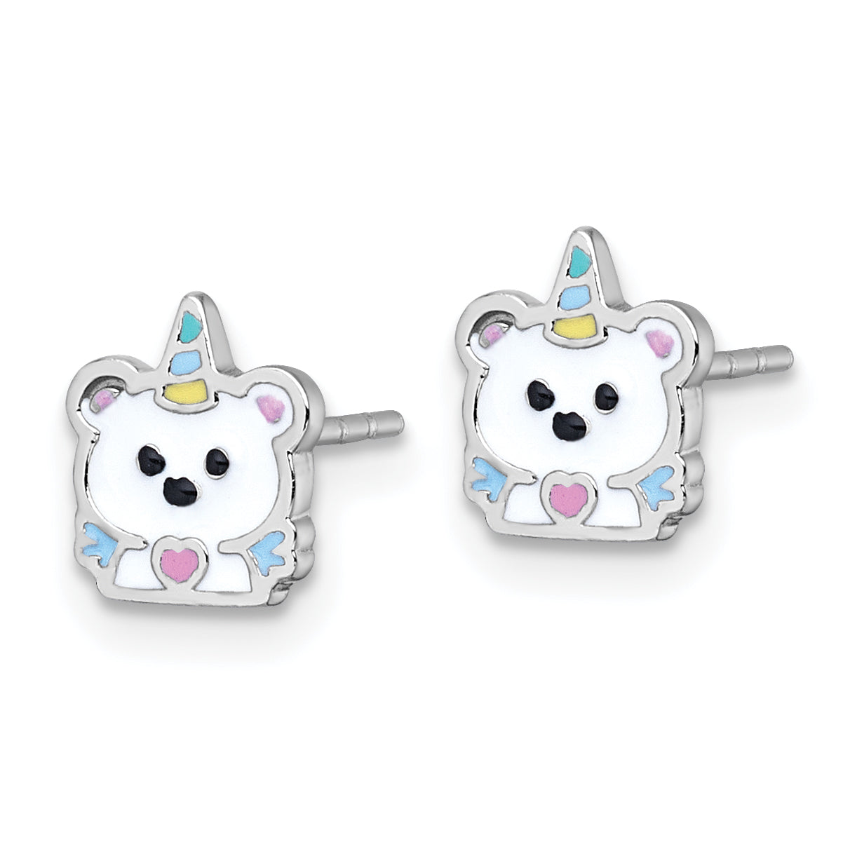 Sterling Silver Rhodium-plated Polished White and Rainbow Enamel Unicorn Polar Bear Childrens Post Earrings Secondary image