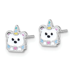 Sterling Silver Rhodium-plated Polished White and Rainbow Enamel Unicorn Polar Bear Childrens Post Earrings