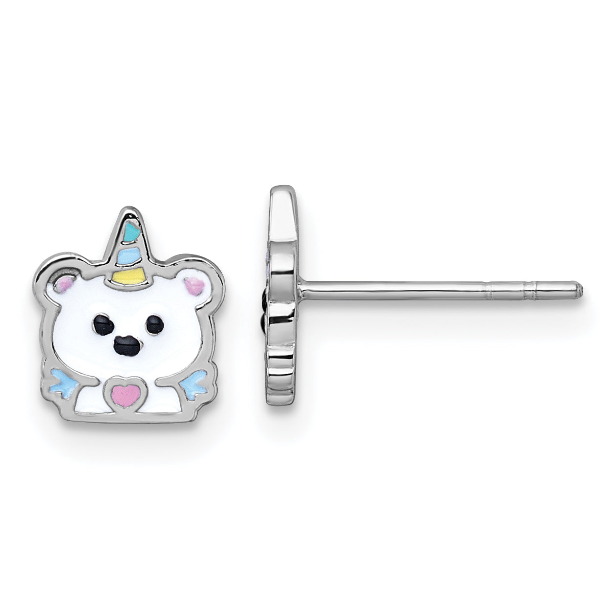 Sterling Silver Rhodium-plated Polished White and Rainbow Enamel Unicorn Polar Bear Childrens Post Earrings Main image