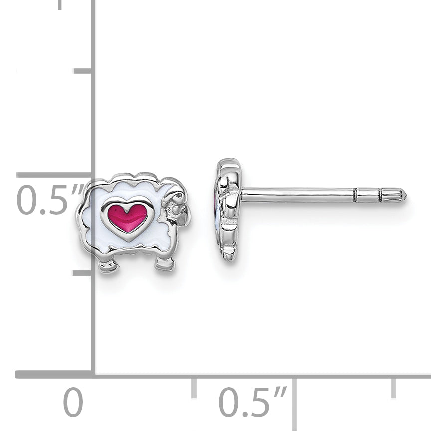 Sterling Silver Rhodium-plated Children's White and Pink Enamel Sheep with Heart Post Earrings