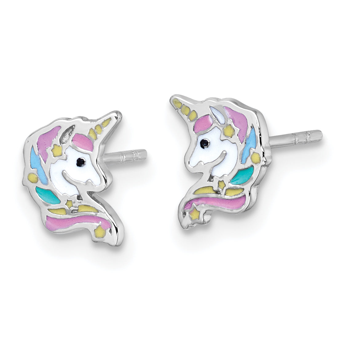 Sterling Silver Rhodium-plated Polished White and Rainbow Enamel Unicorn Head Childrens Post Earrings Secondary image