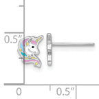 Sterling Silver Rhodium-plated Polished White and Rainbow Enamel Unicorn Head Childrens Post Earrings