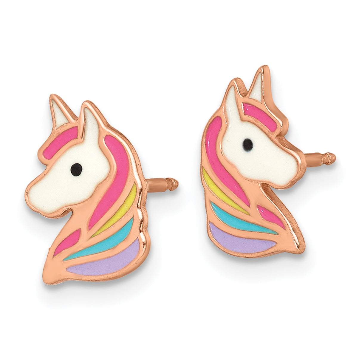 Sterling Silver Rose-tone Polished White and Rainbow Enameled Unicorn Childrens Post Earrings Secondary image