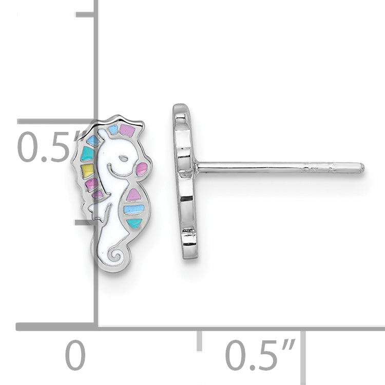 Sterling Silver Rhodium-plated Polished White and Rainbow Enamel Seahorse Childrens Post Earrings