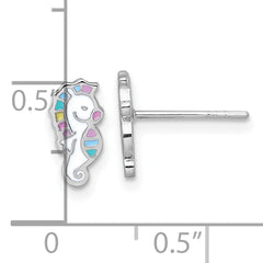 Sterling Silver Rhodium-plated Polished White and Rainbow Enamel Seahorse Childrens Post Earrings