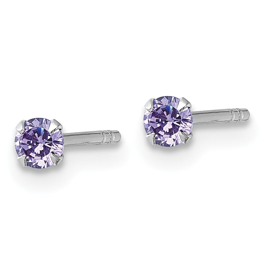 Sterling Silver Madi K Rhodium-plated 3.00mm Purple CZ Childrens Stud Post Earrings Secondary image