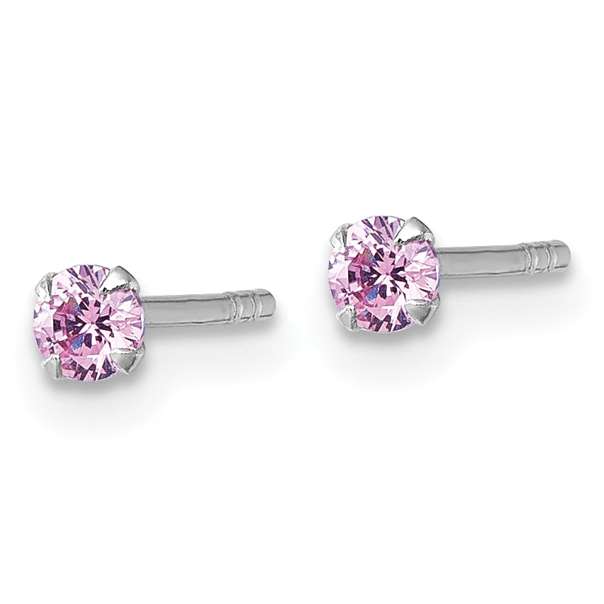 Sterling Silver Madi K Rhodium-plated 3.00mm Pink CZ Childrens Stud Post Earrings Secondary image