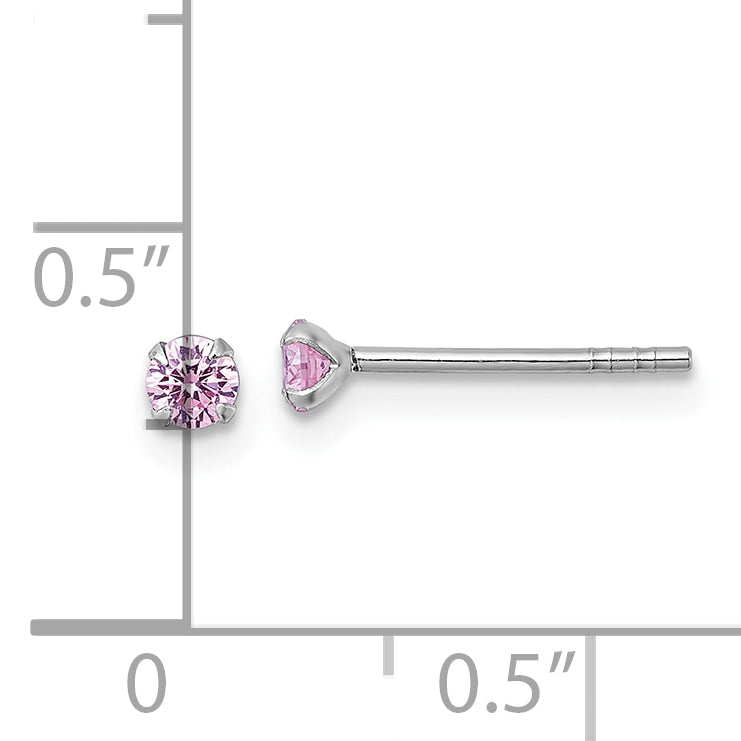 Sterling Silver Madi K Rhodium-plated 3.00mm Pink CZ Childrens Stud Post Earrings