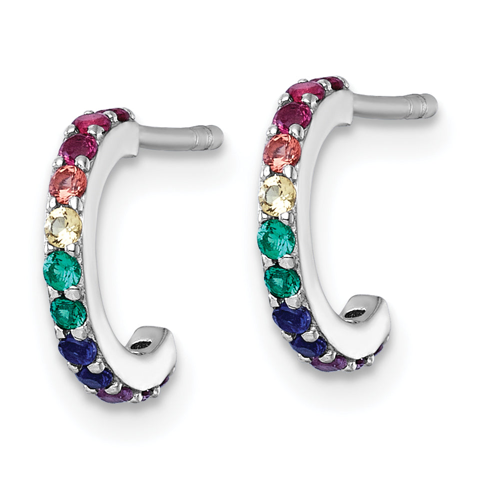 Sterling Silver Rhodium-plated Polished Rainbow Nano Crystals Childrens J-Hoop Post Earrings Secondary image