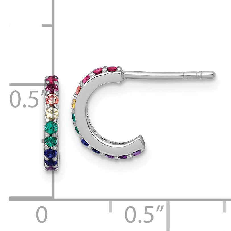 Sterling Silver Rhodium-plated Polished Rainbow Nano Crystals Childrens J-Hoop Post Earrings