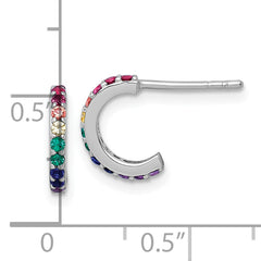 Sterling Silver Rhodium-plated Polished Rainbow Nano Crystals Childrens J-Hoop Post Earrings