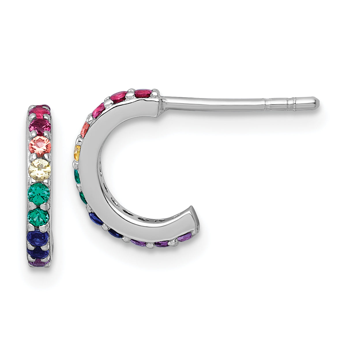 Sterling Silver Rhodium-plated Polished Rainbow Nano Crystals Childrens J-Hoop Post Earrings