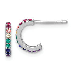 Sterling Silver Rhodium-plated Polished Rainbow Nano Crystals Childrens J-Hoop Post Earrings