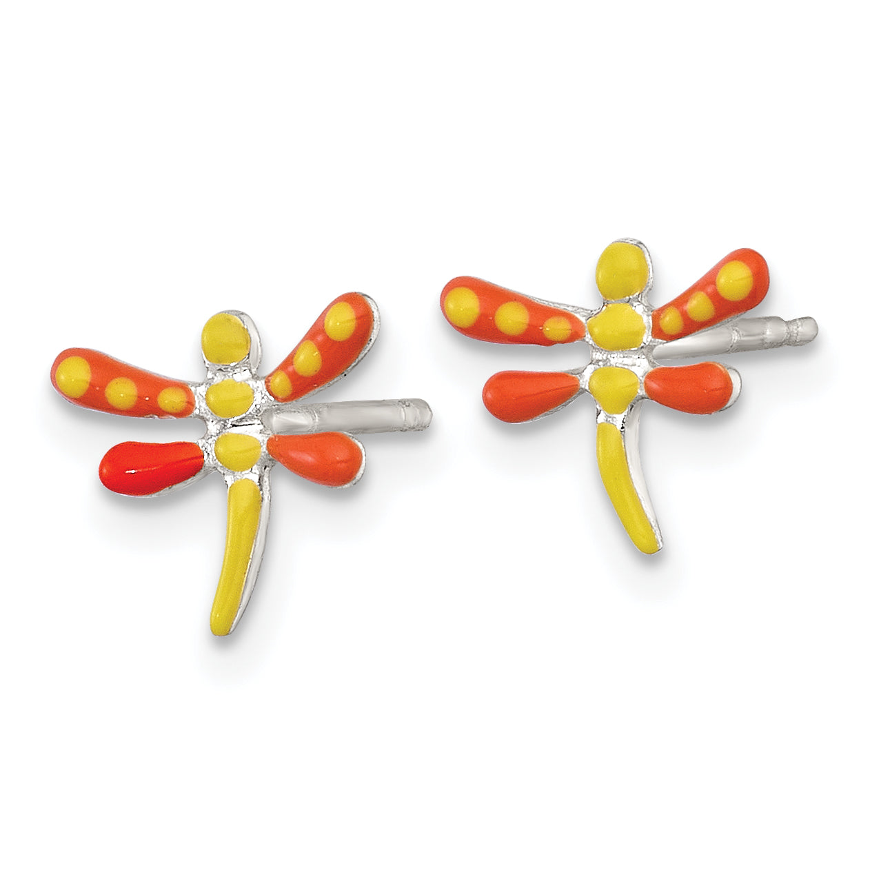 Sterling Silver Polished Yellow and Orange Enameled Dragonfly Childrens Post Earrings Secondary image