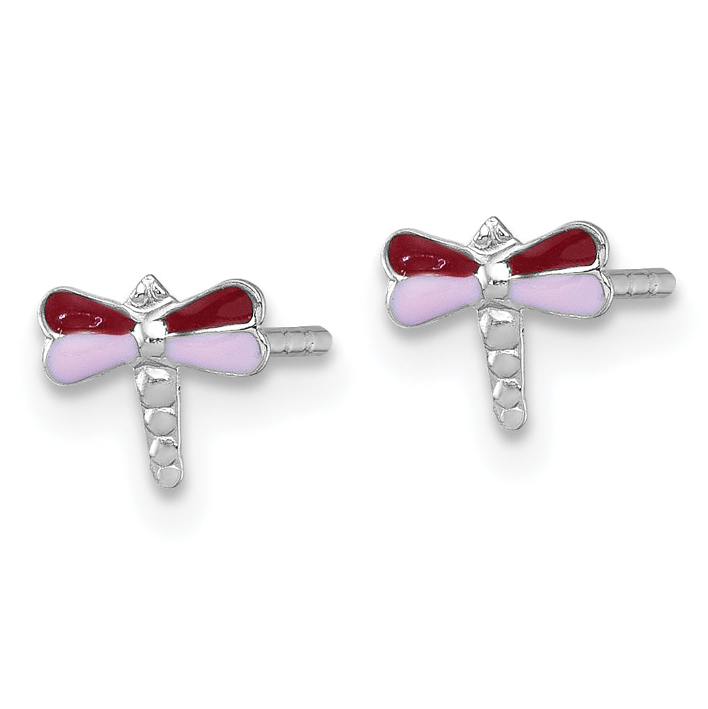 Sterling Silver Madi K Rhodium-plated Enameled Red And Pink Dragonfly Childrens Post Earrings Secondary image