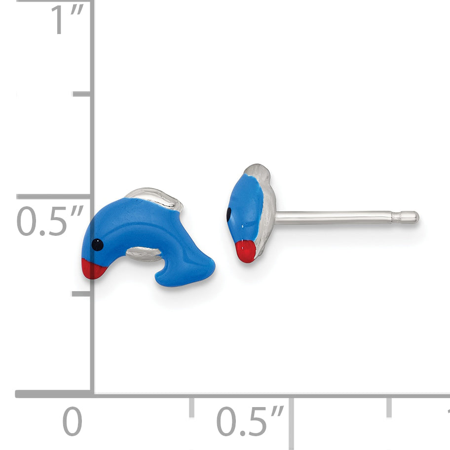 Sterling Silver Polished Blue/Red/Black Enameled Dolphin Childrens Post Earrings