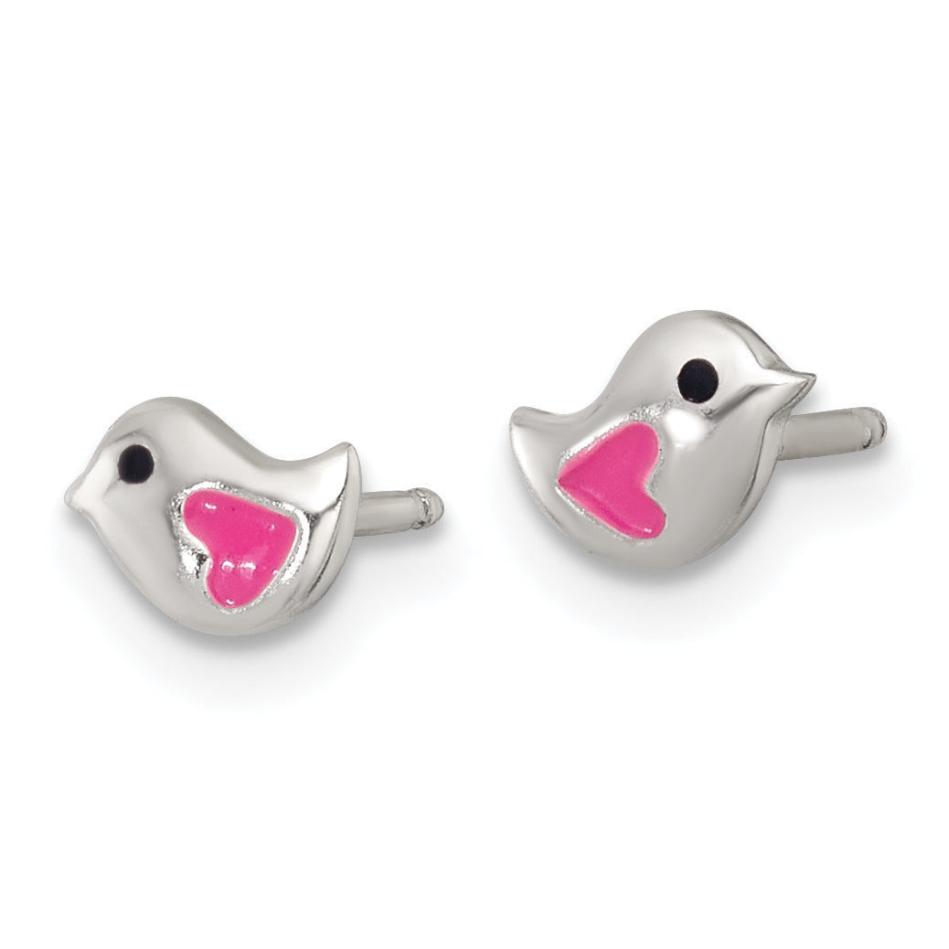Sterling Silver Polished Pink and Black Enameled Heart Bird Childrens Post Earrings Secondary image