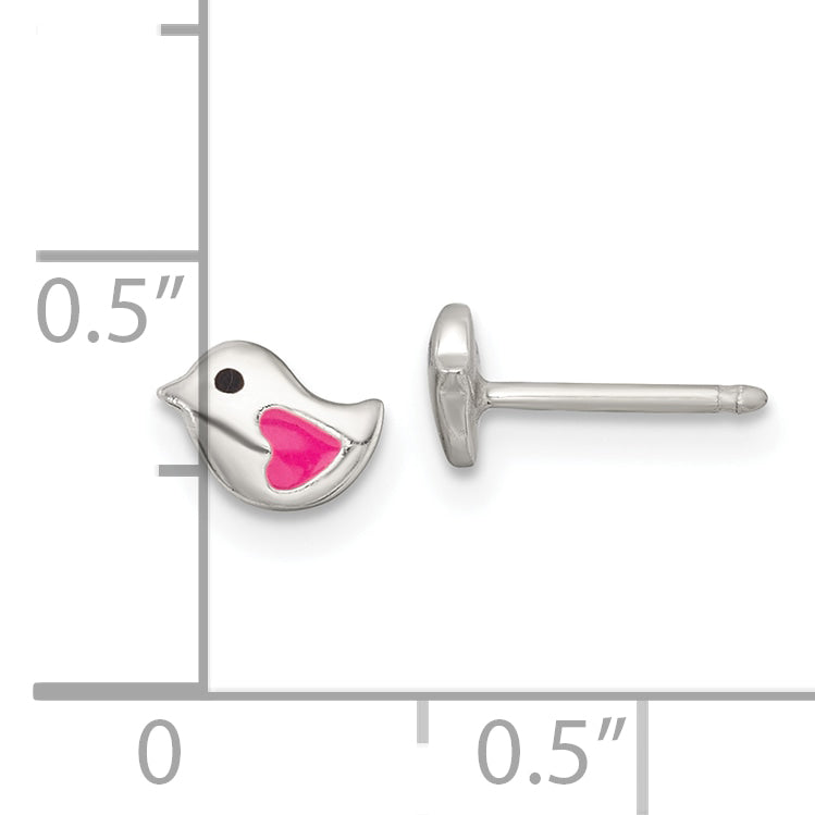 Sterling Silver Polished Pink and Black Enameled Heart Bird Childrens Post Earrings
