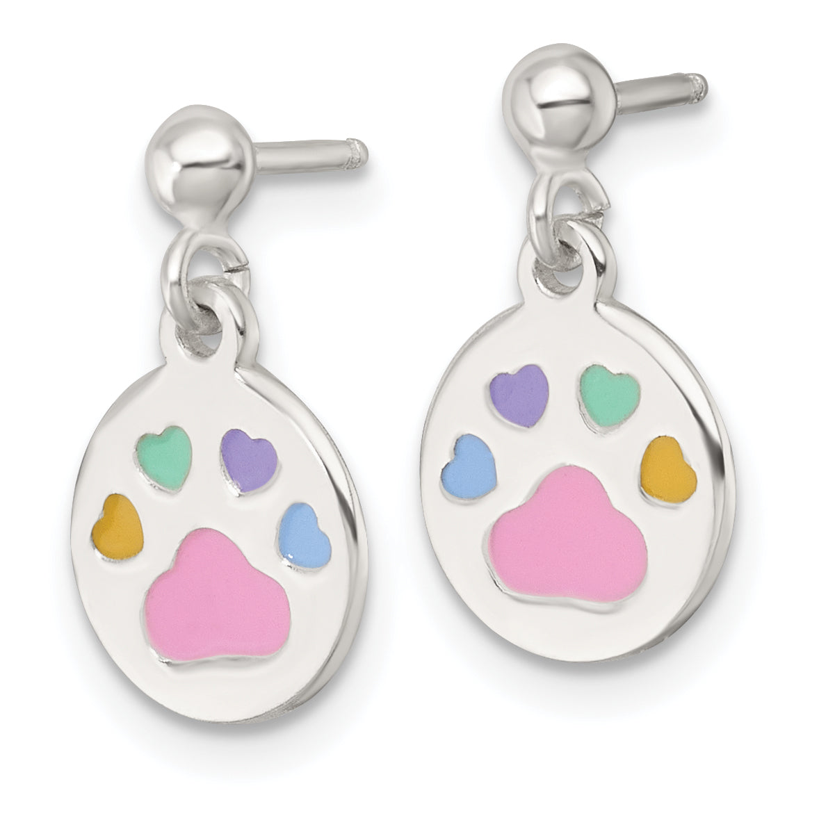 Sterling Silver Polished Enameled Multi-color Heart Pawprint Childrens Post Dangle Earrings Secondary image
