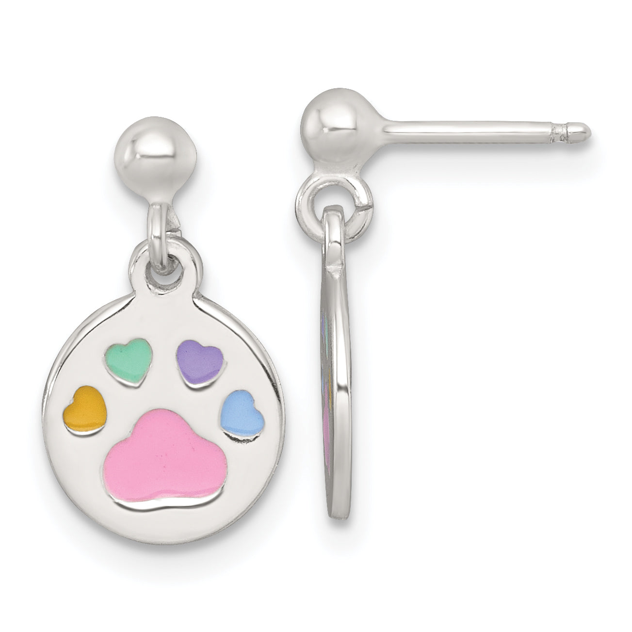 Sterling Silver Polished Enameled Multi-color Heart Pawprint Childrens Post Dangle Earrings Main image