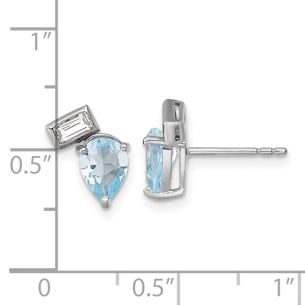 Sterling Silver Rhodium-plated Polished Pear Sky Blue and Emerald-cut White Topaz Post Earrings