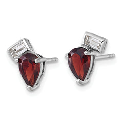Sterling Silver Rhodium-plated Polished Pear Garnet and Emerald-cut White Topaz Post Earrings