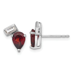 Sterling Silver Rhodium-plated Polished Pear Garnet and Emerald-cut White Topaz Post Earrings