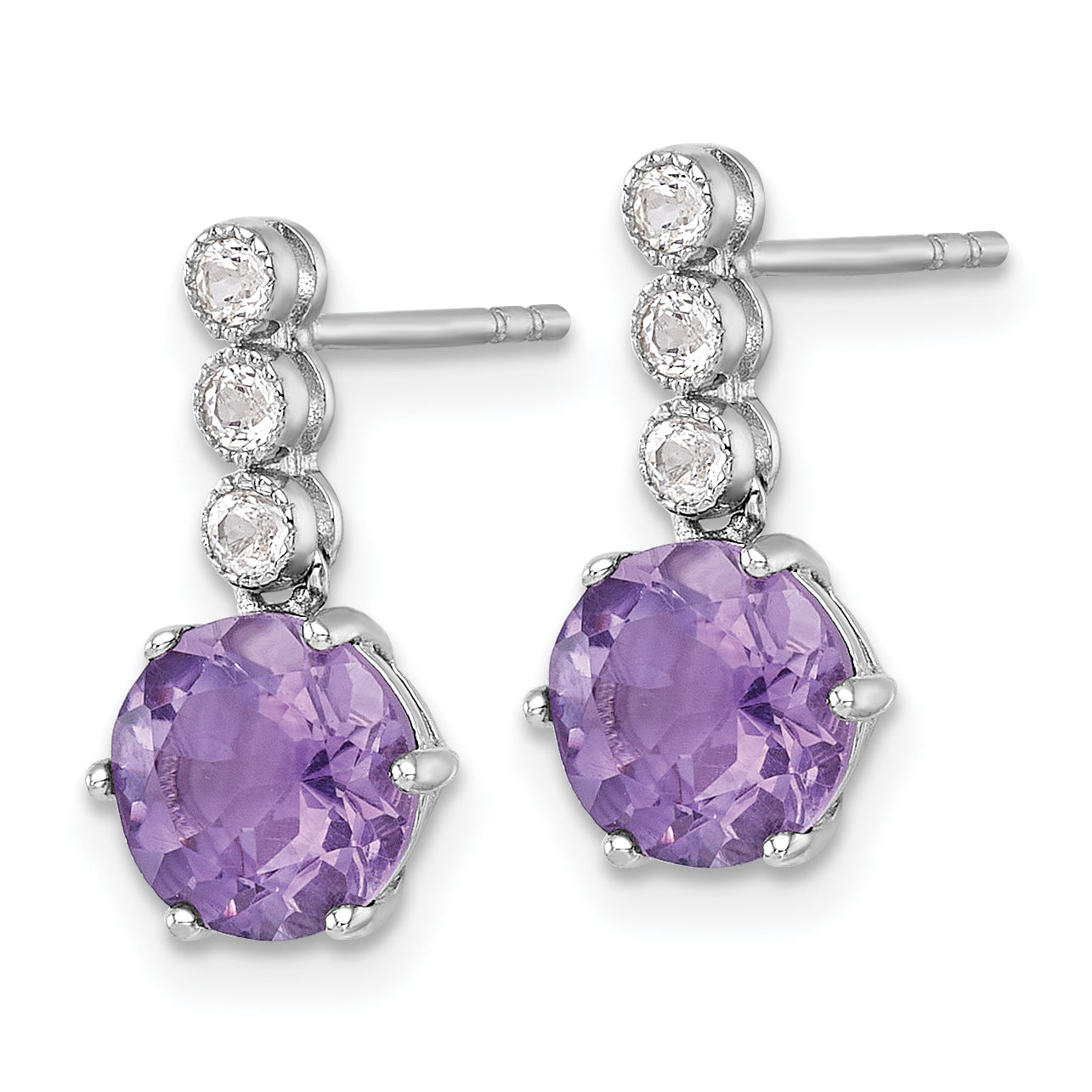 Sterling Silver Rhodium-plated Polished and Beaded Round Amethyst and White Topaz Dangle Post Earrings