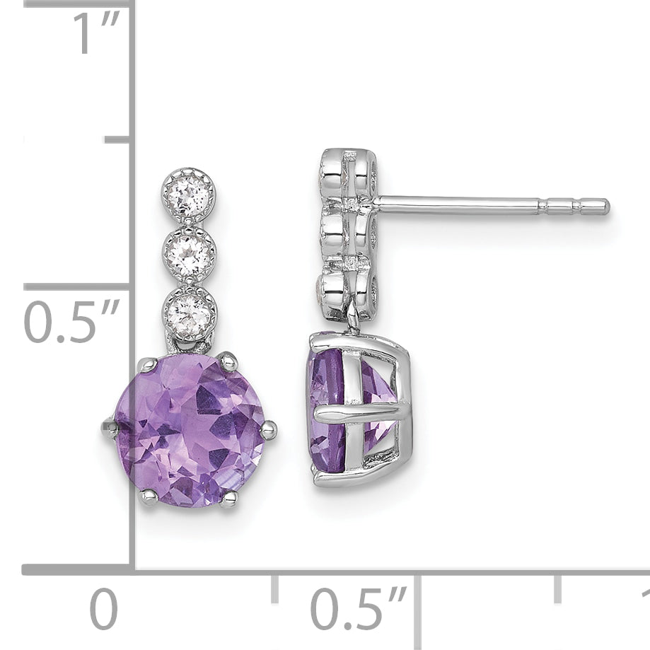 Sterling Silver Rhodium-plated Polished and Beaded Round Amethyst and White Topaz Dangle Post Earrings