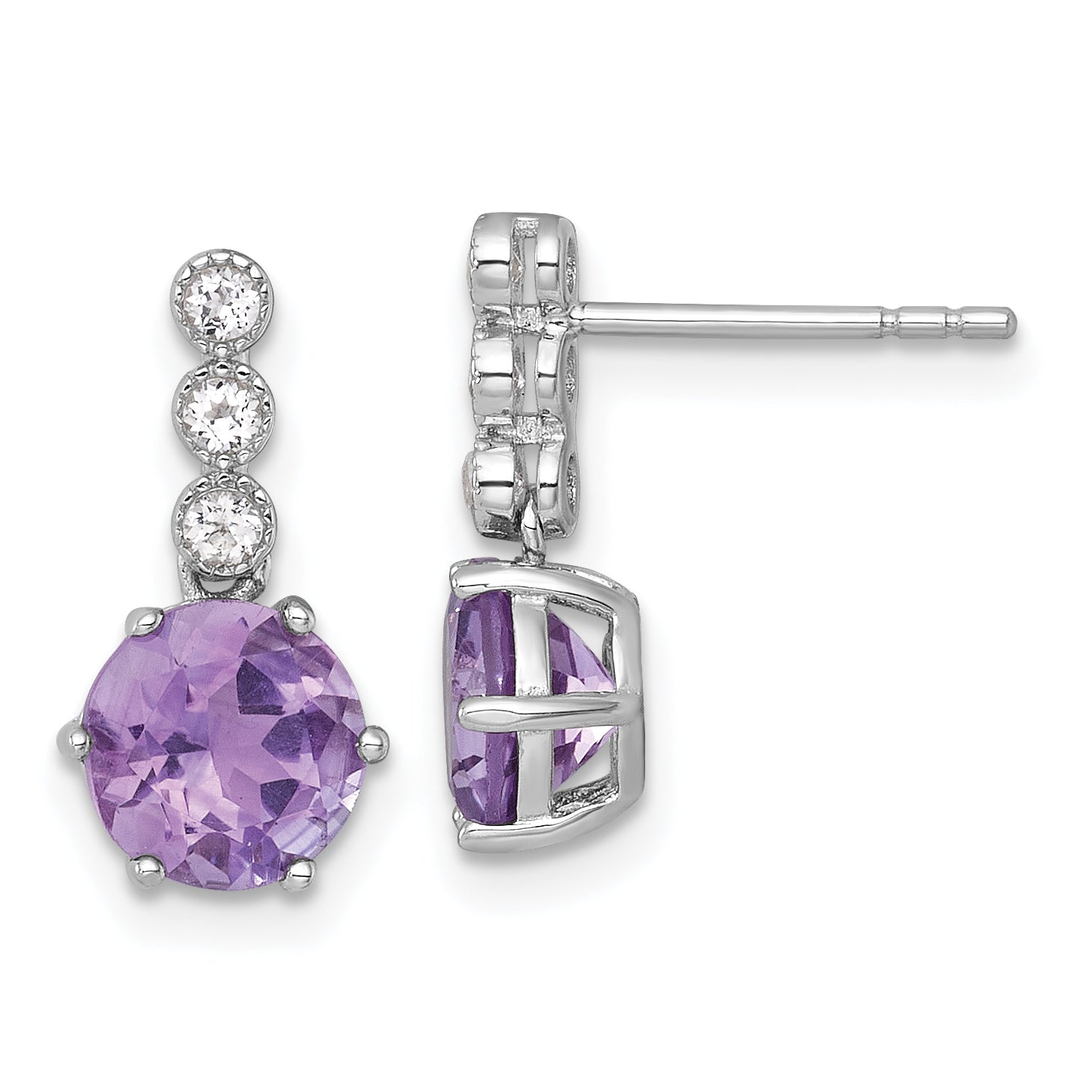 Sterling Silver Rhodium-plated Polished and Beaded Round Amethyst and White Topaz Dangle Post Earrings Main image