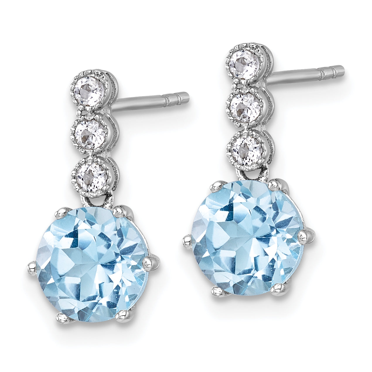 Sterling Silver Rhodium-plated Polished and Beaded Round Sky Blue and White Topaz Dangle Post Earrings Secondary image