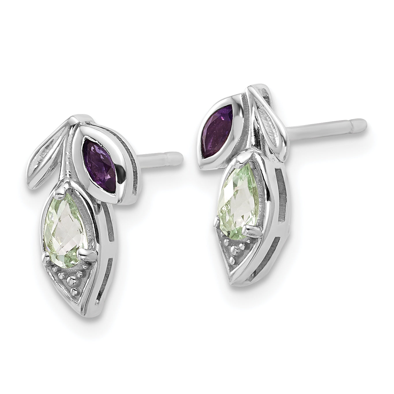 Sterling Silver Rhodium-plated Polished Amethyst and Green Quartz Leaf Post Earrings Secondary image