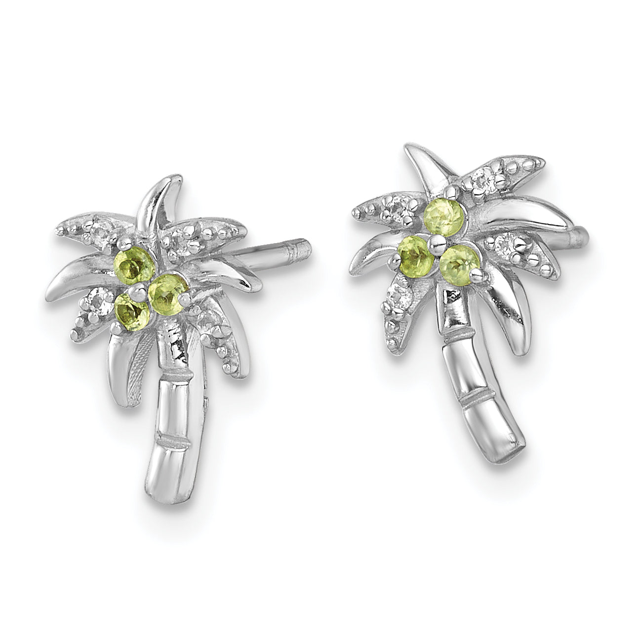 Sterling Silver Rhodium-plated Polished and Grooved Peridot and White Topaz Palm Tree Post Earrings Secondary image