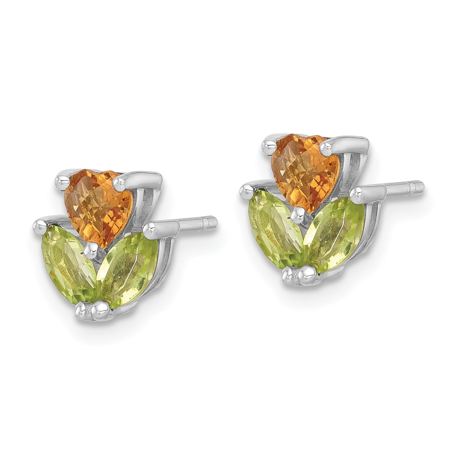 Sterling Silver Rhodium-plated Polished Heart Citrine and Peridot Flower Post Earrings Secondary image