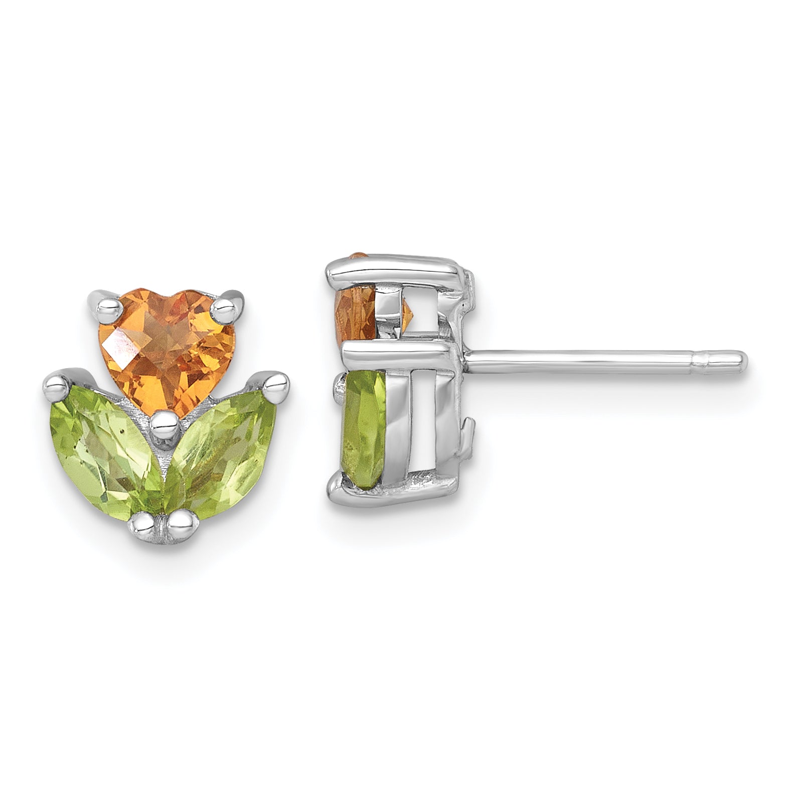 Sterling Silver Rhodium-plated Polished Heart Citrine and Peridot Flower Post Earrings Main image