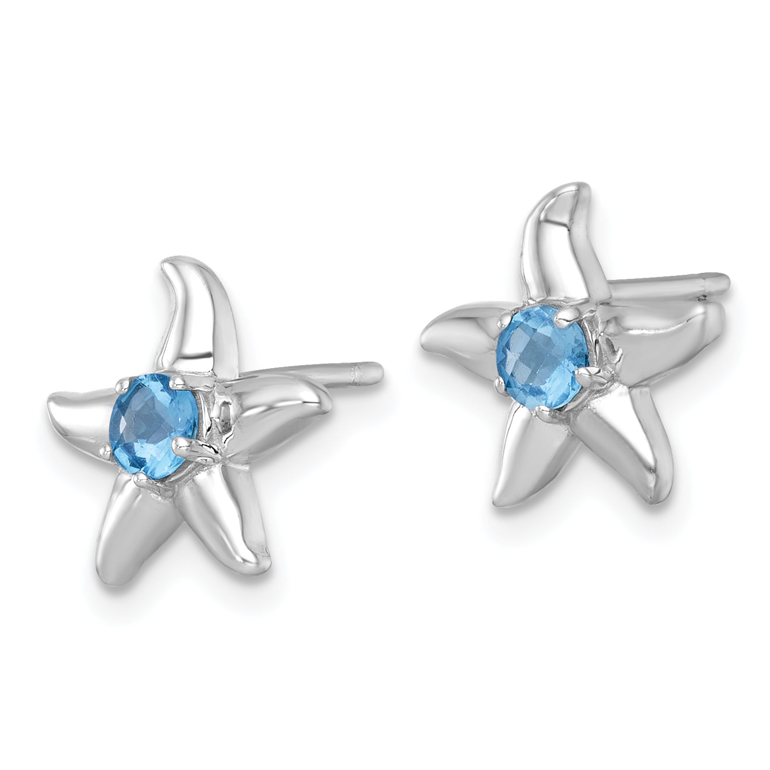 Sterling Silver Rhodium-plated Polished Round Light Swiss Blue Topaz Starfish Post Earrings Secondary image